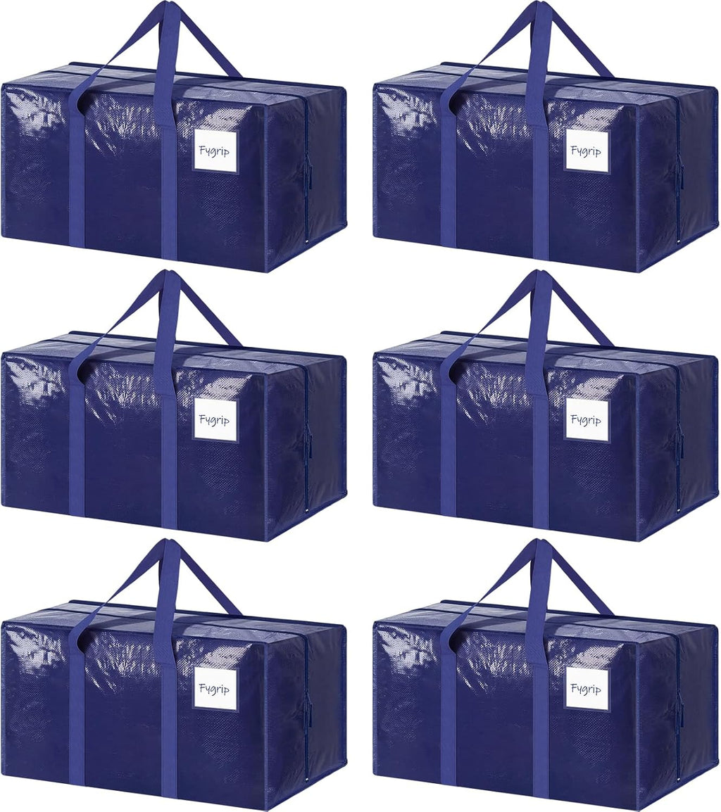 Skiennix Extra Heavy Duty Moving Bags - Large Sturdy Storage Totes with Strong Zipper & Comfortable Handles | Dark Blue, 6 Pack