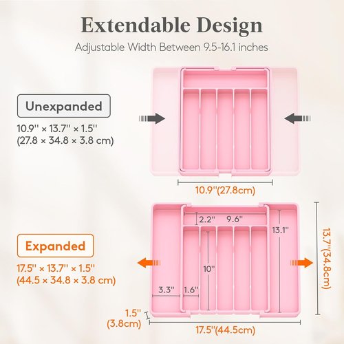 Lifewit Expandable Silverware Drawer Organizer - BPA Free Utensil Tray for Kitchen | Adjustable Pink Storage (10.9"-17.5" x 13.7")