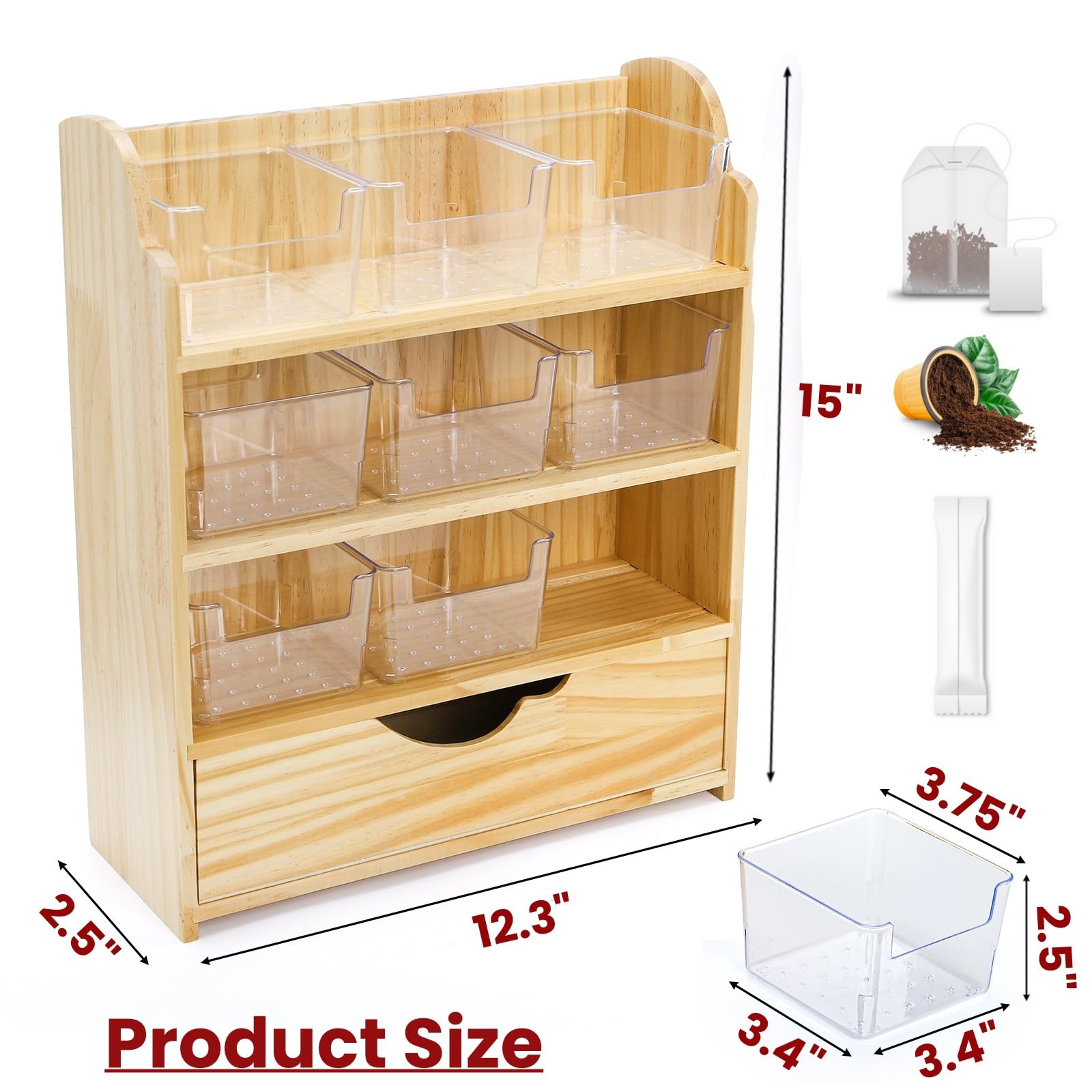 Tlence 4 Tier Wood Tea Bag Organizer, 15"x12.3"x4.5" Vertical Tea Storage Holder, Teabag Station Stand with 9 Plastic Box, Tea Packet Rack with Slide Drawer, Teabag Cabinet Shelf for Sugar and Creamer