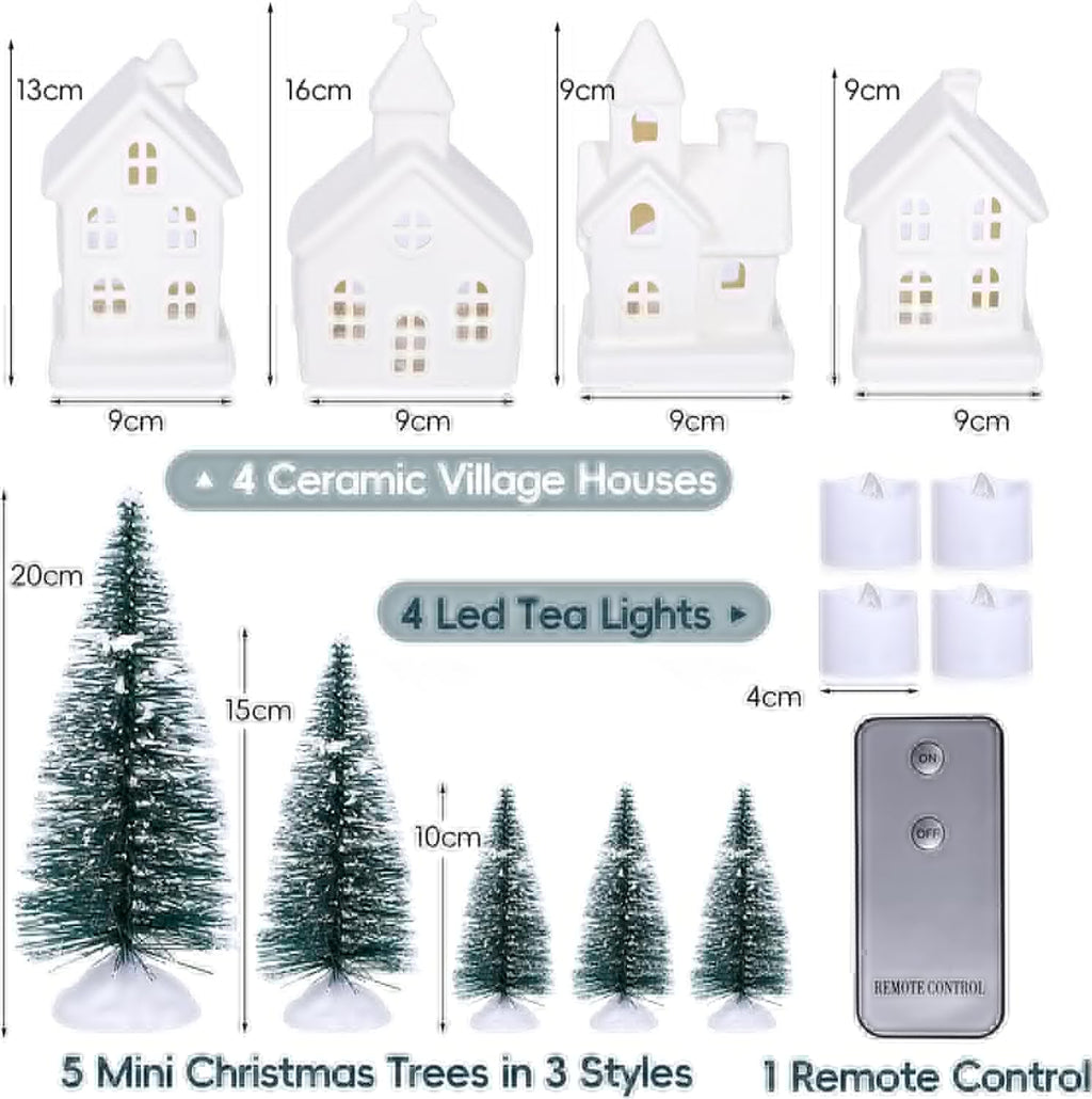 Skiennix Light Up Christmas Village Set - 4 Ceramic Houses & 5 Xmas Trees | Winter White Porcelain Decor