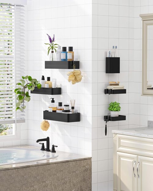 Kitsure Shower Caddy Adhesive | Rustproof 6-Pack No-Drill Bathroom Organizer - Large Black Shelves with Hooks