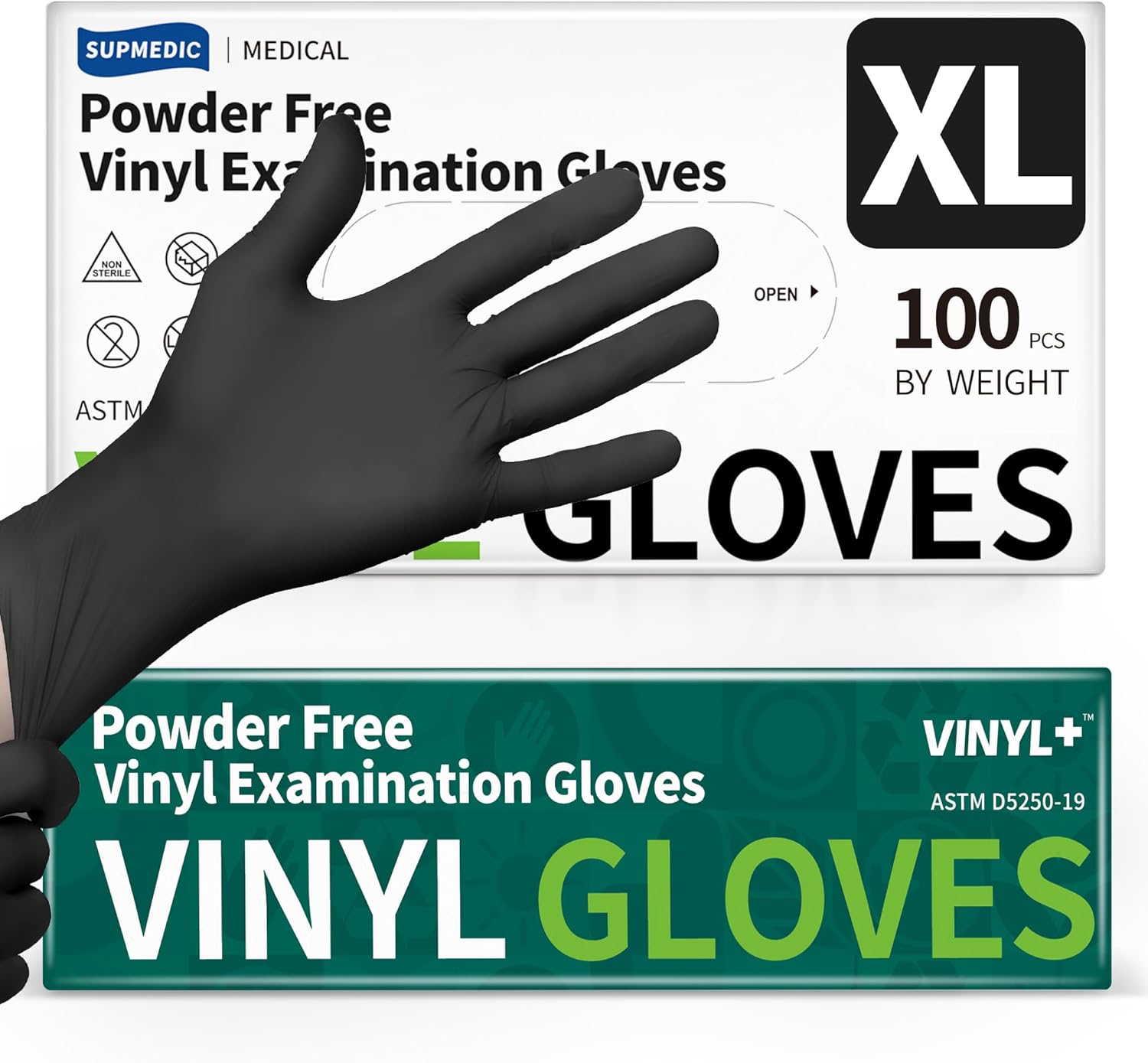 Supmedic Vinyl Disposable Exam Gloves - Black 4Mil, Powder-Free & Latex-Free | Medical & Food Safe, 100 Count