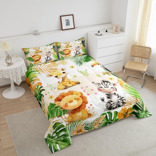jejeloiu Kids Zoo Animal Bedding Set Full Size Cute Animal Comforter Set for Boys Girls Teens Lion Giraffe Elephant Duvet Set Tropical Leaves Quilt Set 3Pcs