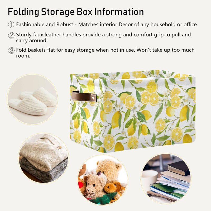 MNSRUU Storage Basket Lemon Floral Collapsible Organizer Basket with PU Handles, Waterproof Nursery Laundry Basket Large Capacity