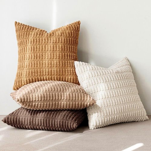 MIULEE Decorative Throw Pillow Covers - Pack of 4 Neutral Corduroy, 18x18 Inch, Soft Striped Design for Rustic Farmhouse Decor