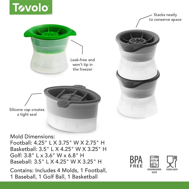 Tovolo Sports Ice Mold Bundle Set of 4 Golf Ball Football Baseball Basketball Shapes Large Craft Ice Cubes for Whiskey Cocktails with Silicone Lids, Easy Fill Craft Ice Mold for Sports Fans