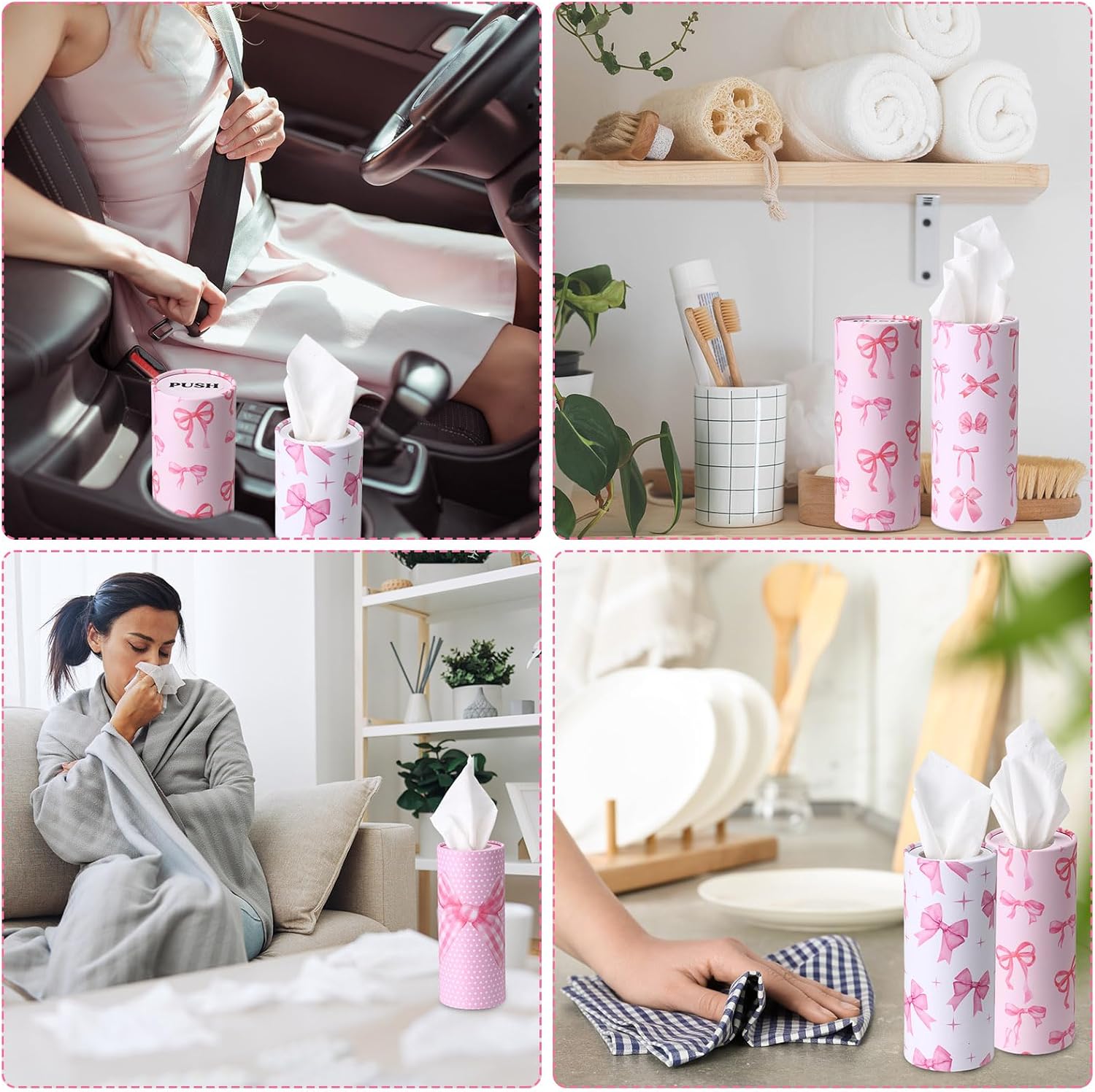 Outus 12 Pcs Bow Car Tissue Holders - Stylish Pink Ribbon Design | 3-Ply Facial Tissues for Travel & Events
