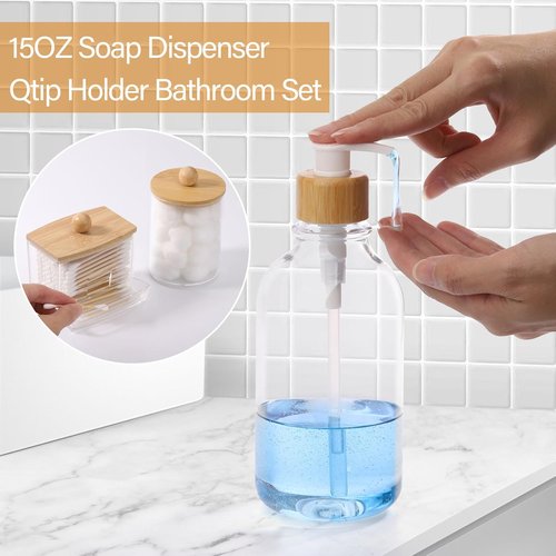 Bamboo Bathroom Accessories Set - 4-Piece Collection with Clear Toothbrush Holder, Soap Dispenser & Qtip Jar