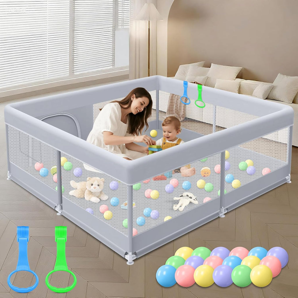 XVISHX Baby Playpen - 50 x 50 Inch Indoor & Outdoor Playard with Soft Breathable Mesh - Grey