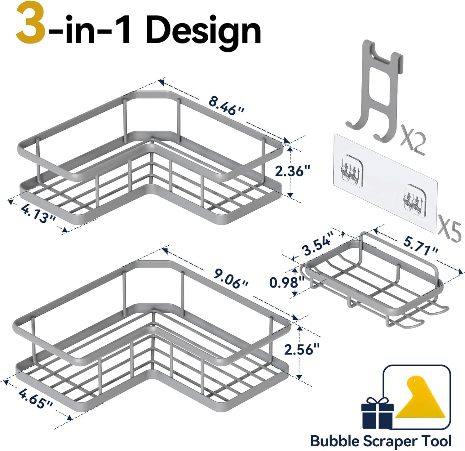 YASONIC Shower Caddy - 3-Pack Rustproof Stainless Steel Corner Shelves with Soap Holder | Grey