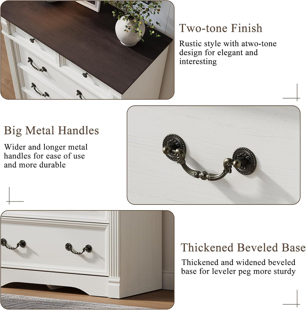 Regine Switzerland 6-Drawer Dresser - Rustic White Tall Chest with Chic Wood Pilasters | 47" Bedroom Organizer