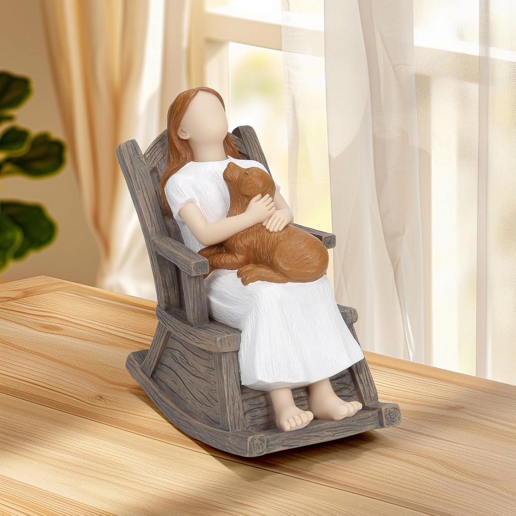 Skiennix Dog Lover Gift - Hand-Painted Figurine of Girl & Loyal Brown Dog on Rocking Chair | Cozy Home Decor Statue