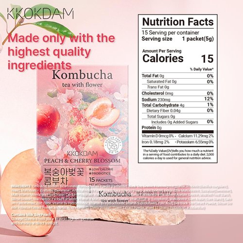 KKOKDAM Kombucha Tea - Peach & Cherryblossom Korean Tea - Kombucha Drinks Probiotic Support, Low Calorie, Sugar Free Kombucha Pack - 15 Packs