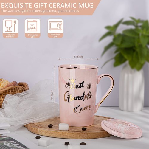 Doublewhale Grandma Gifts for Grandma, Mothers Day Birthday Gift for Grandmother from Granddaughter Grandson - 14Oz Pink Marble Ceramic Coffee Mugs Print with Real Gold - Lid Spoon Card, Box