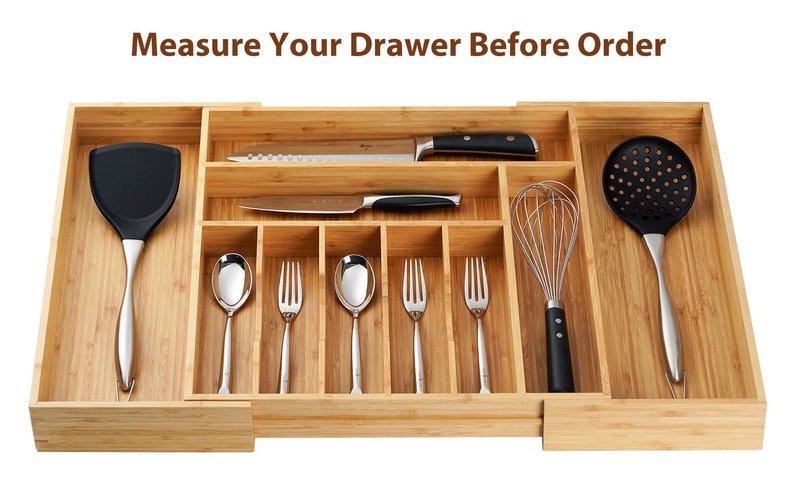 Umilife Extra Large Expandable Kitchen Siverware Utensils Drawer Organizer, 19" Deep for Big Drawer, Adjustable Bamboo Wood Drawer Divider with Curved Grooves, Cutlery Tray Flatware Holder