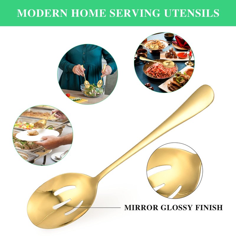 20.99 Worldity 10 Pieces Stainless Steel Flatware Serving Utensils Large Serving Spoon Set Multipurpose Gold Serving Utensils for Home Restaurant Party Dishwasher Safe Gold