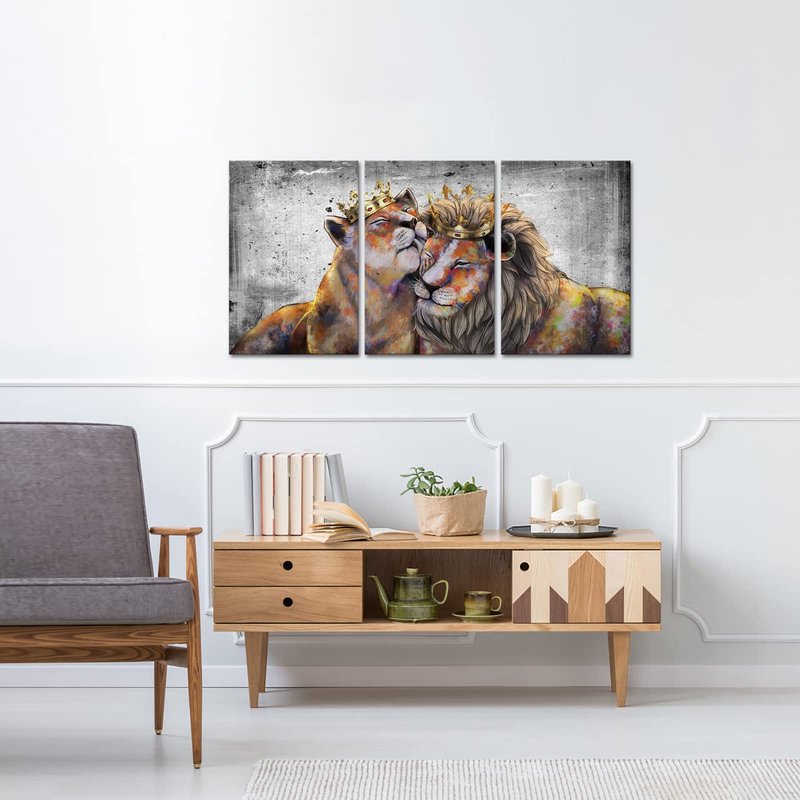 VANSEEING 3 Pieces Animal King Queen Canvas Wall Art Lion and Lioness with Crown Grey and Gold Romantic Couple Artwork for Bedroom Modern Home 16x24inchx3pcs