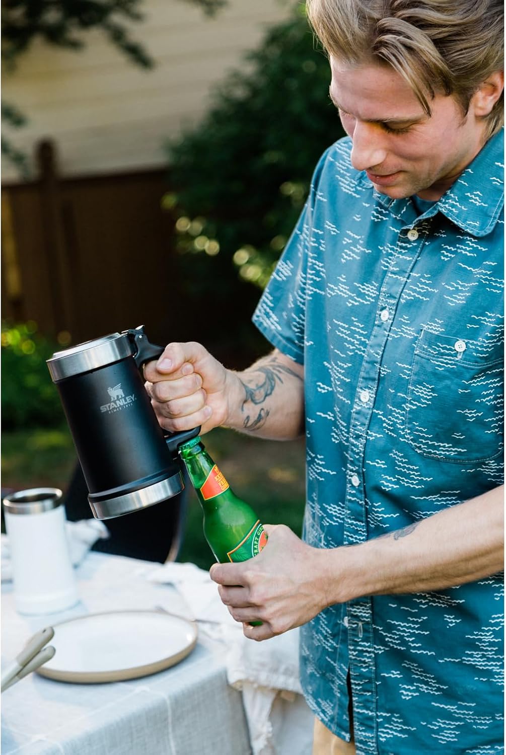 STANLEY Classic Beer Stein - 24 oz Insulated Stainless Steel Mug with Flip-Up Lid & Built-In Opener | Hammertone Green