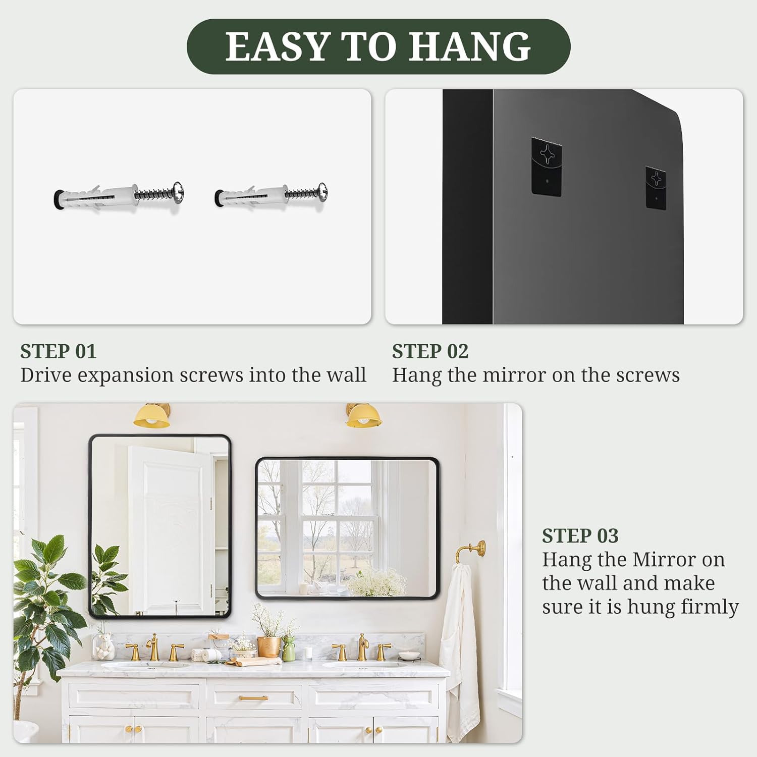 Regine Switzerland 36x24 Inch Black Metal Frame Bathroom Mirror - Modern Anti-Rust Design for Farmhouse & Entryway