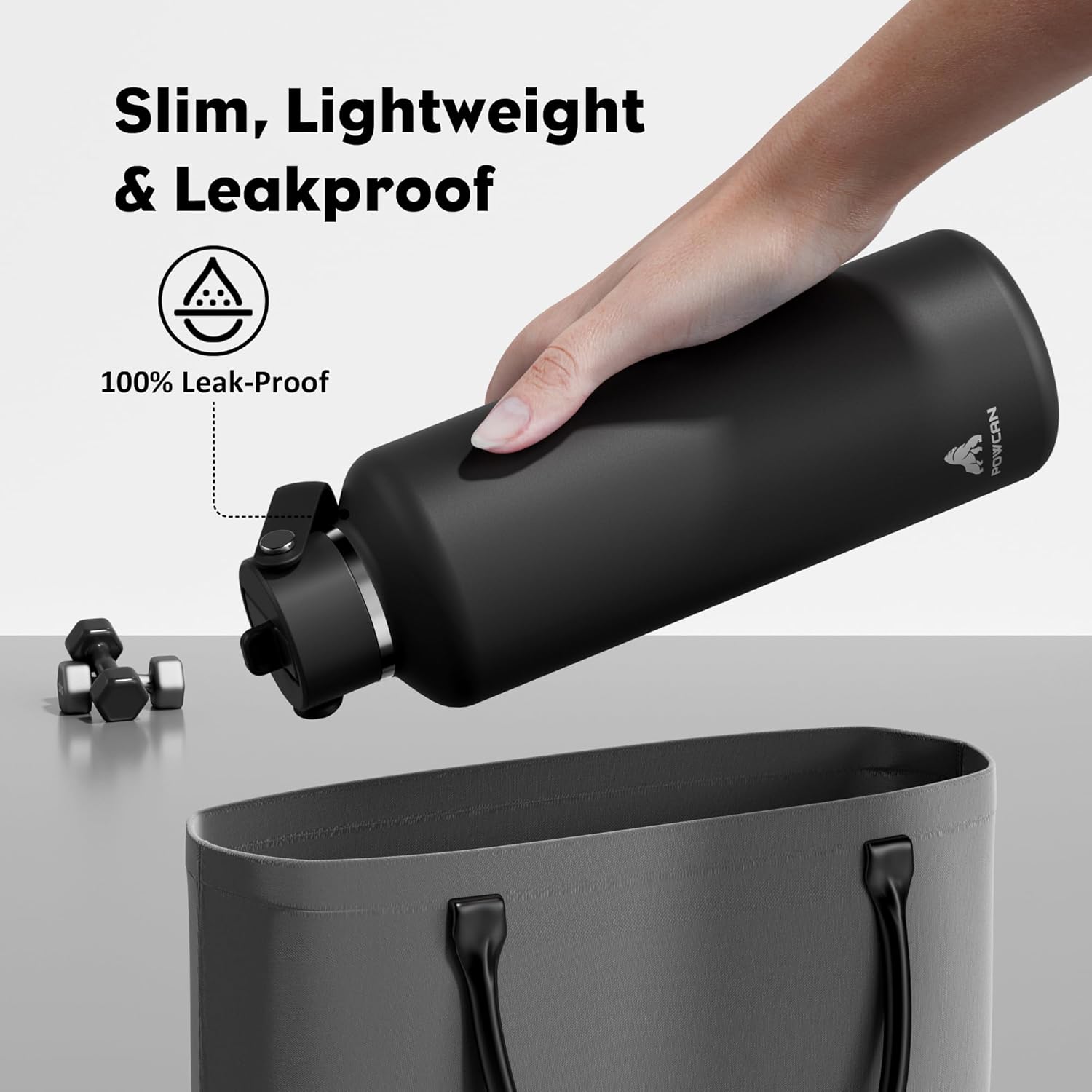 POWCAN 32oz Stainless Steel Slim Water Bottle - Vacuum Insulated, Sweatproof, Lightweight | Midnight Black