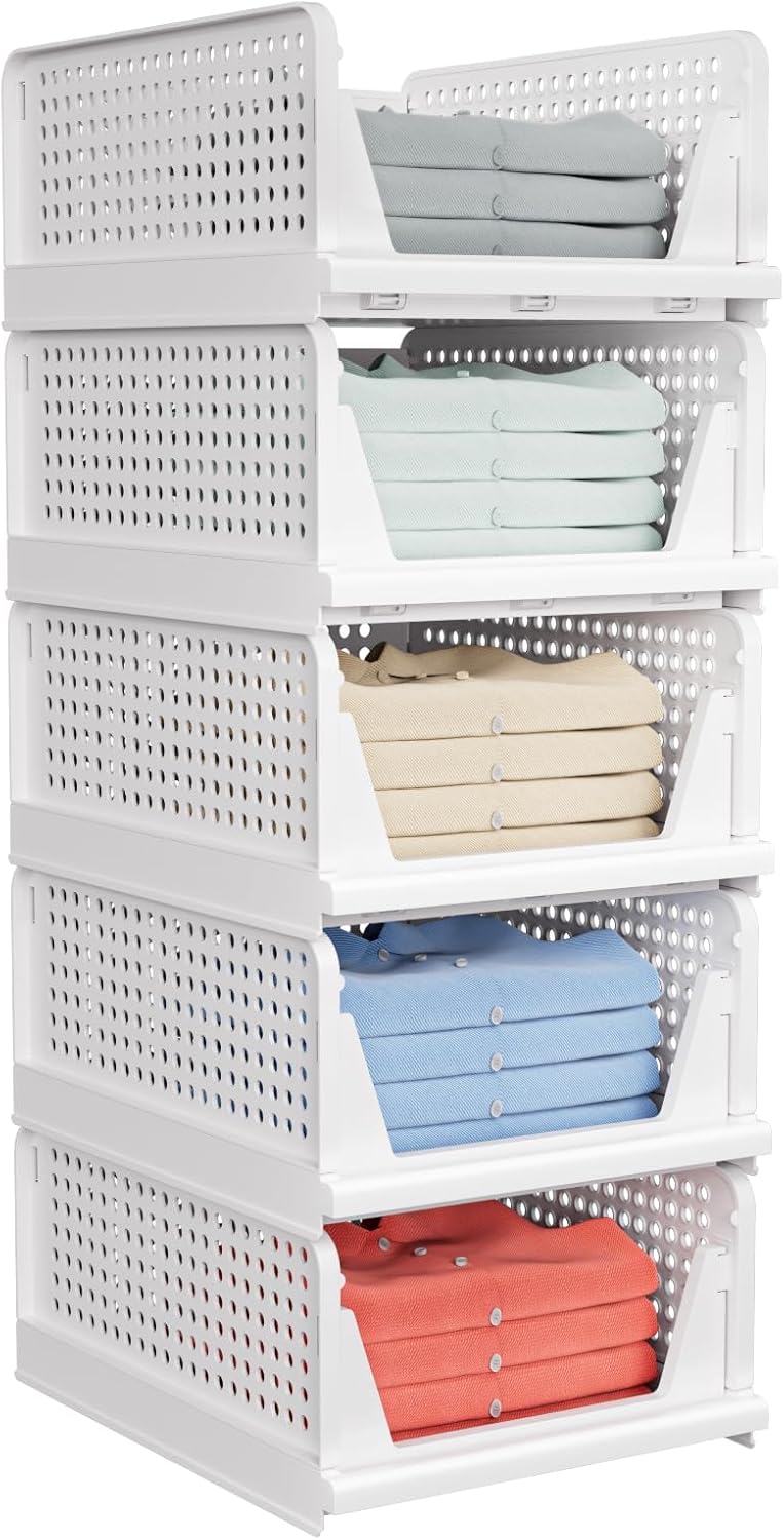Stackable Closet Storage Baskets by [Brand Name] - Multifunctional & Foldable Organizer | Waterproof, White, 5-Pack