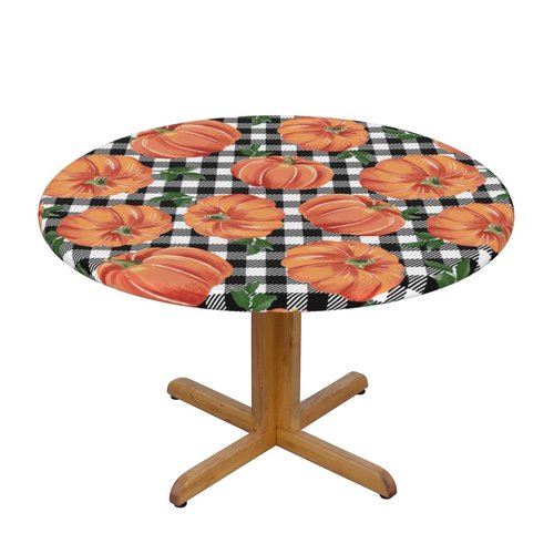 Fiokroo Autumn Pumpkins Checkerboard Tablecloth with Elastic Edge, Round Table Cloth Happy Thanksgiving Washable Reusable Table Cover for Kitchen Dining Party Picnic, Medium