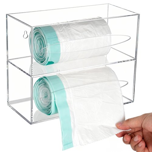SEANADO Trash Bag Dispenser Holder, 2 Compartment Wall Mount Acrylic Kitchen Double Side Loaded Organizer Storage Box Holder for Garbage Bag Grocery Bag Plastic Bag(10 x 4.7X 8inches)