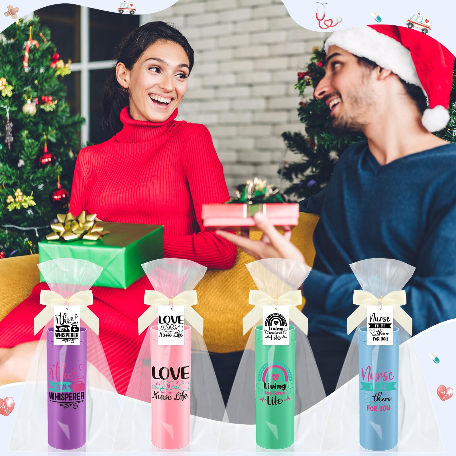 Jinei 12 Sets Nurse Appreciation Gifts Bulk, 16 oz Thank You Nurse Tumblers with Lids and Straws, Positive Cards with Bowknot for Women Men Holiday Office Party Favor(Elegant)