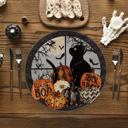 Artoid Mode Window Cat Halloween Round Placemats Set of 4, 14 Inch Table Mats for Party Kitchen Dining