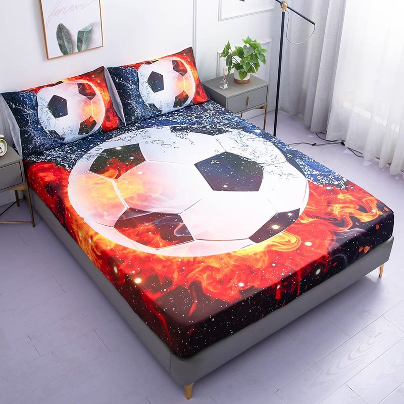 Roscloud Sports Soccer Ball Sheet Sets Twin Size - 2PC Ice Flame Galaxy Soccer Ball Boys Fitted Sheets（Fitted Sheet1 Pillowcases1）
