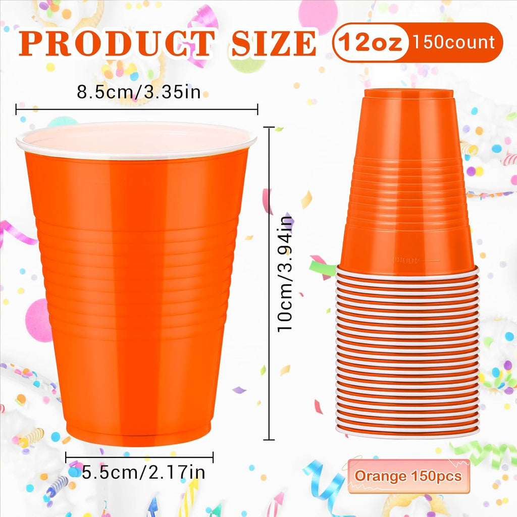 Skiennix 12oz Orange Plastic Cups - 150 Bulk Disposable Party Cups for Celebrations & Events