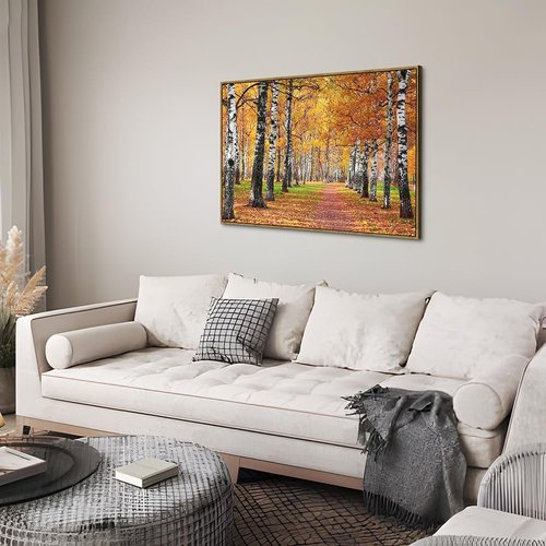 autumn forest canvas wall art: fall forest picture Golden woods landscape artwork wall decor - nature tree pictures with pathway prints for living room 45"x30"