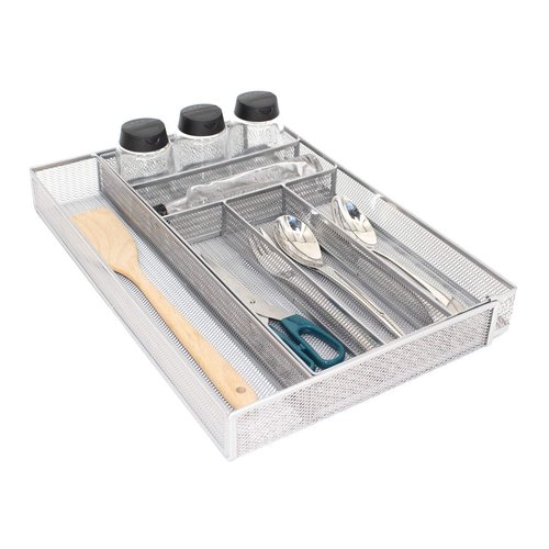 JANE EYRE Utensil Drawer Organizer - Expandable Cutlery Tray, Silverware/Flatware Storage Divider for Kitchen, Mesh Designing with Non-slip Rubber Feet (Silver)