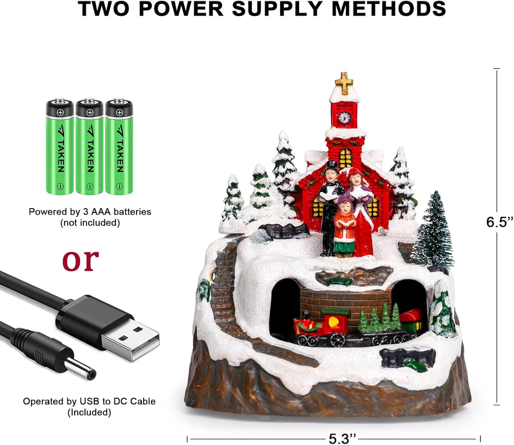 MXwcy Animated Christmas Village Decoration - Lighted Church Choir & Moving Train on Snowy Mountain