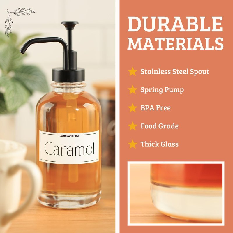 Coffee Syrup Dispensers, Set of 2, Coffee Syrup Bottles with Pump and Labels, 500 ml, Espresso Bar Accessories, Glass Bottles with Pump, Black Upgraded Dispenser, 16.9 oz