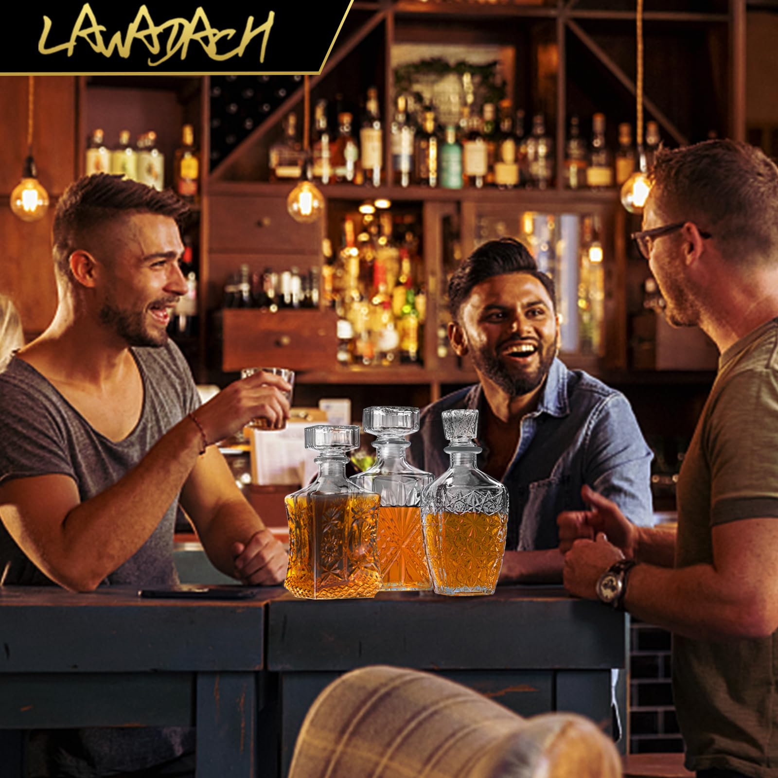 Whiskey Decanter, Liquor Decanters Set of 3, Glass Alcohol Bottle for Vodka, Tequila and Bourbon Unique Whiskey Bar and Party Decorations (28oz*2, 31oz*1)