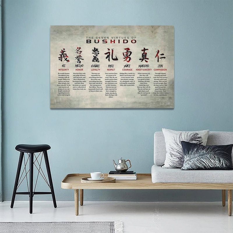 Japanese Samurai Wall Art 7 Virtues of Bushido Code Pictures Wall Decor Japanese Warrior Room Poster Canvas Prints Framed Modern Inspirational Painting Artwork for Bedroom Office Bathroom 24"x16"
