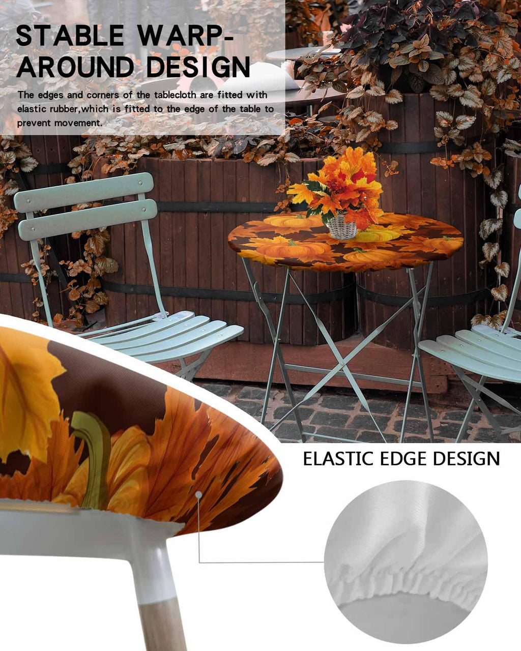 Thanksgiving Pumpkin Maple Leaves Round Table Cloth Fitted Tablecloth,Fall Table Cover with Elastic Edge Waterproof Table Cloth,Autumn Harvest Circle Table Covers for Kitchen Indoor Outdoor 45-54in