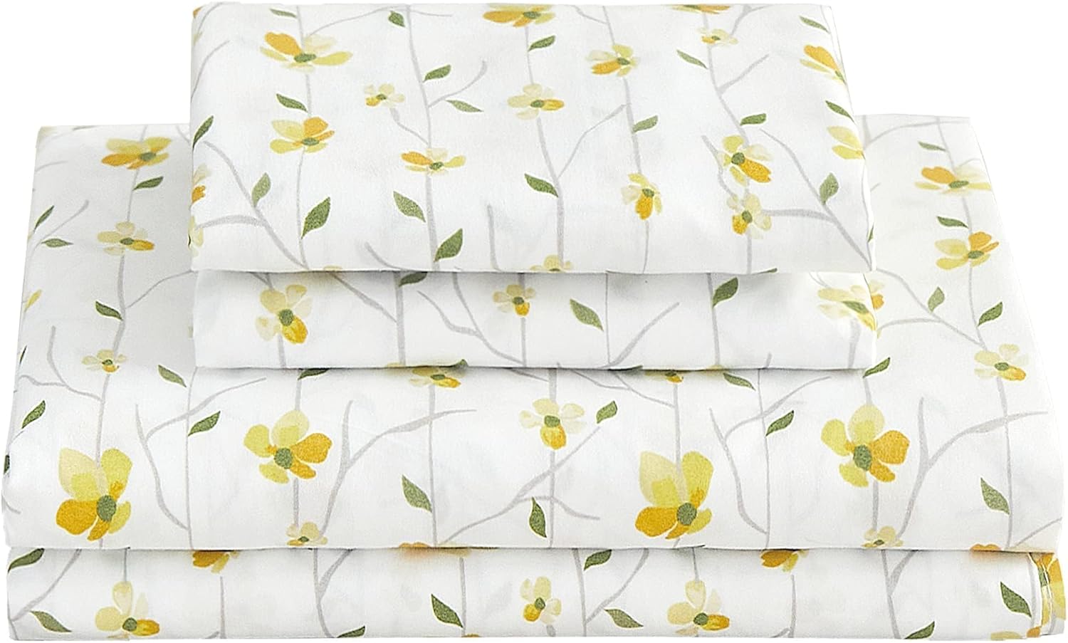 Softan Yellow Floral Queen Size Bed Sheets - 4 Piece Soft Microfiber Set with 15" Deep Pocket & Corner Straps