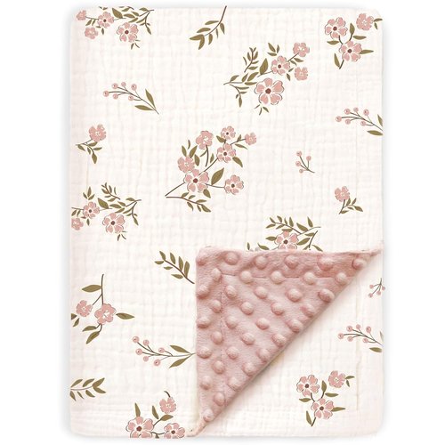 BOPRIO Muslin Baby Blanket - Super Soft Minky with Breathable Cotton Front | Pink Floral 30 x 40 Inch