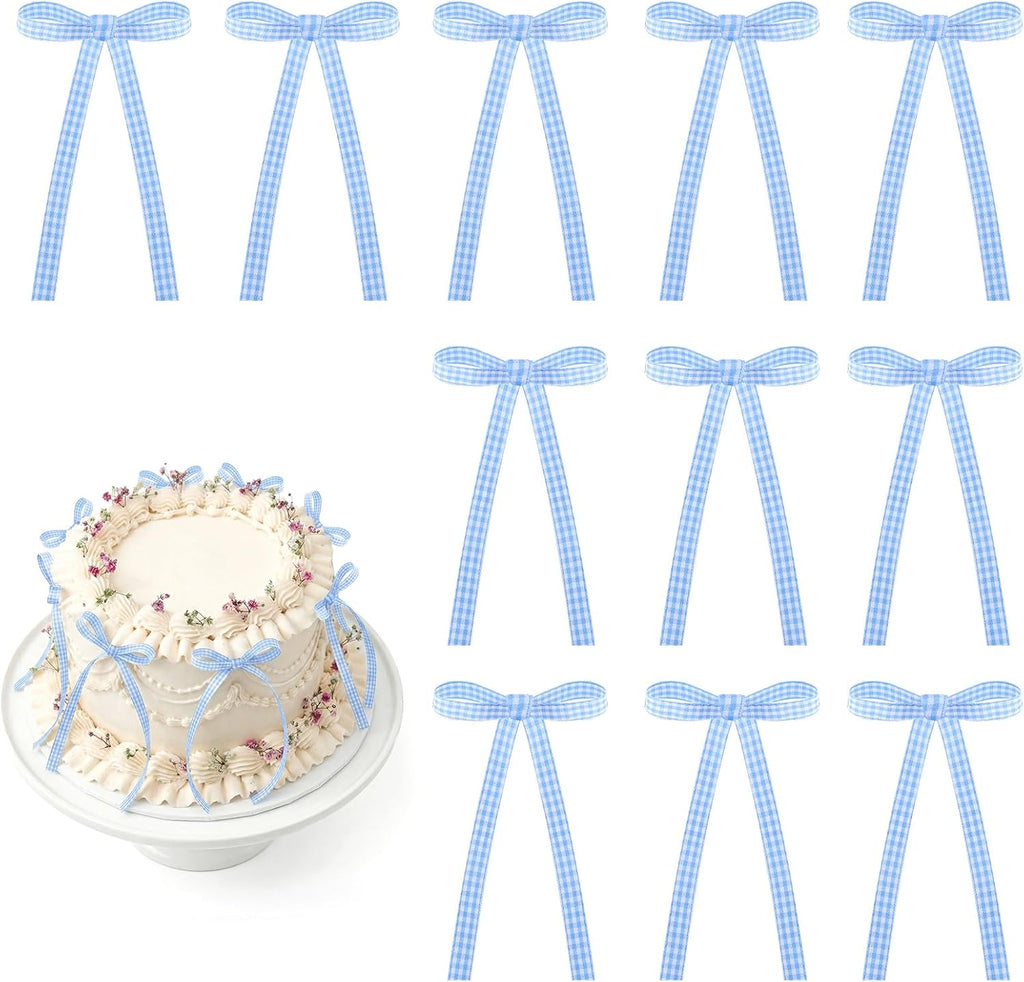 Skiennix 30 Pack Bow Cake Toppers - Blue Gingham Ribbons for Birthday & Baby Shower Celebrations