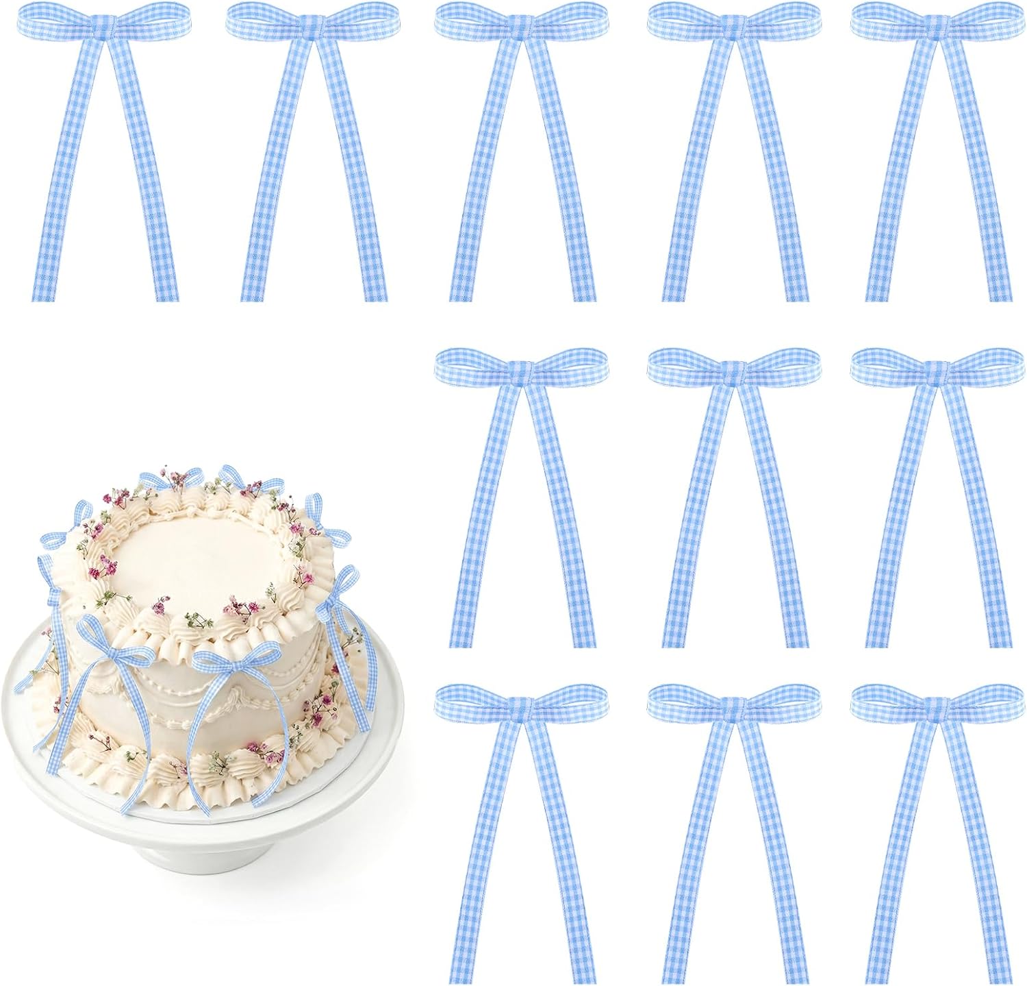 Skiennix 30 Pack Bow Cake Toppers - Blue Gingham Ribbons for Birthday & Baby Shower Celebrations