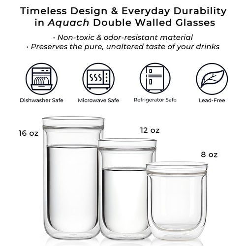 Aquach Double Wall Glass Cup 16oz 2pcs, Clear Insulated Coffee Drinking Glasses, Single Mouth/Double Body