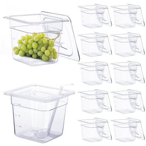 PYQTH 12 Pack Plastic Food Pan with Lids 1/6 Size 6'' Deep Restaurant Food Containers Stackable Clear Polycarbonate Commercial Hotel Pans with 1 Plastic Spoon for Fruits Vegetables