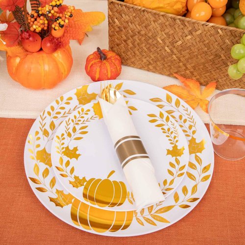Ciaell 175PCS Thanksgiving Plastic Plate - Disposable Dinnerware Set - White and Gold Plastic Plates Include 50Plates, 75Silverware, 25Cups, 25Napkins for Thanksgiving & Party