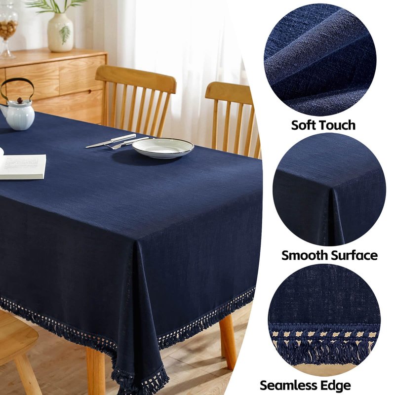 AmHoo Linen Tablecloth Table Cloth Stitching Tassel Rectangle Decorative Natural Table Cover for Kitchen Dinning Wedding Buffet 55 x 102 Inch Navy Blue