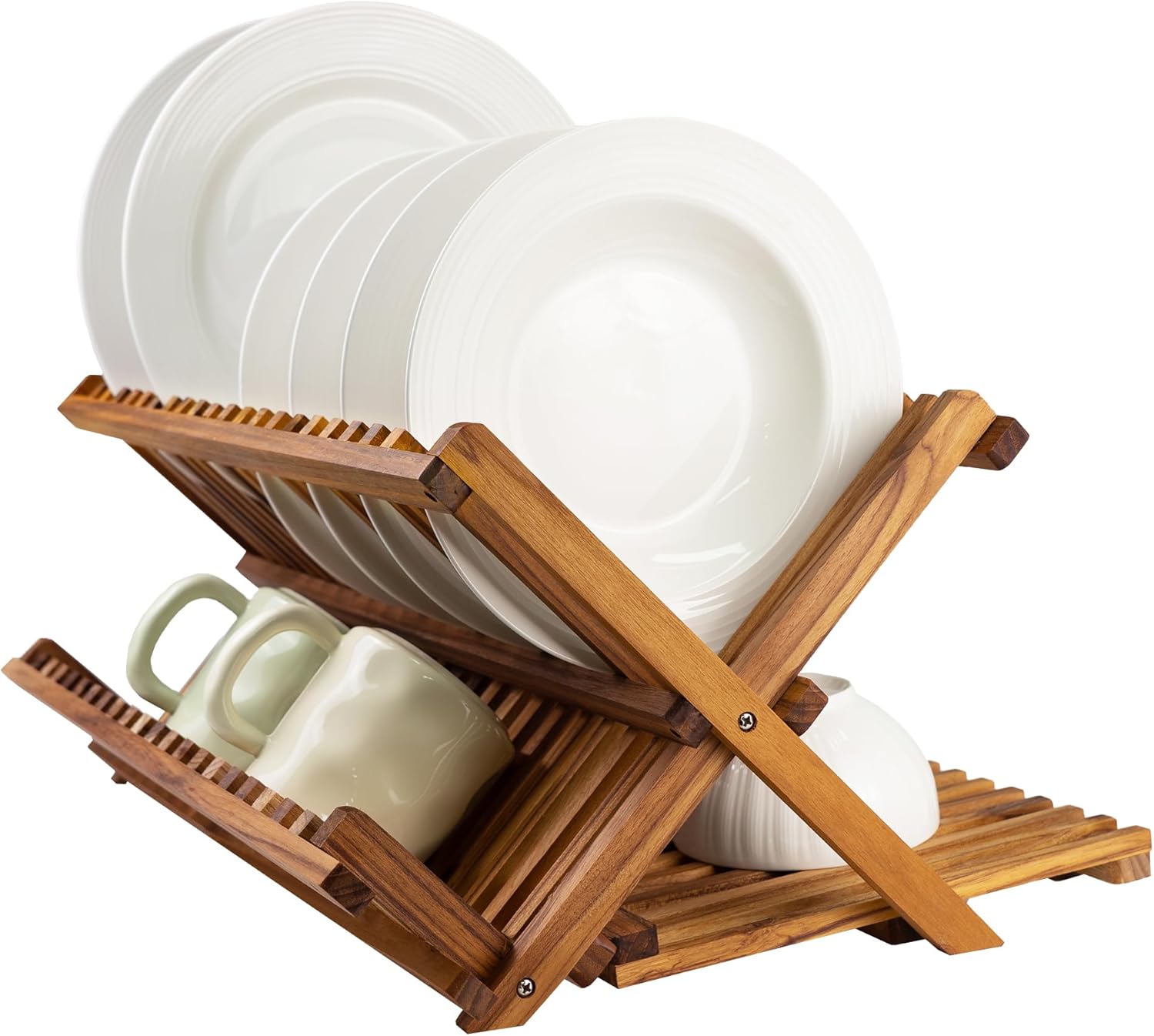 Utoplike Teak Dish Drying Rack - Large 3-Tier Collapsible Kitchen Organizer for Plates & Cups