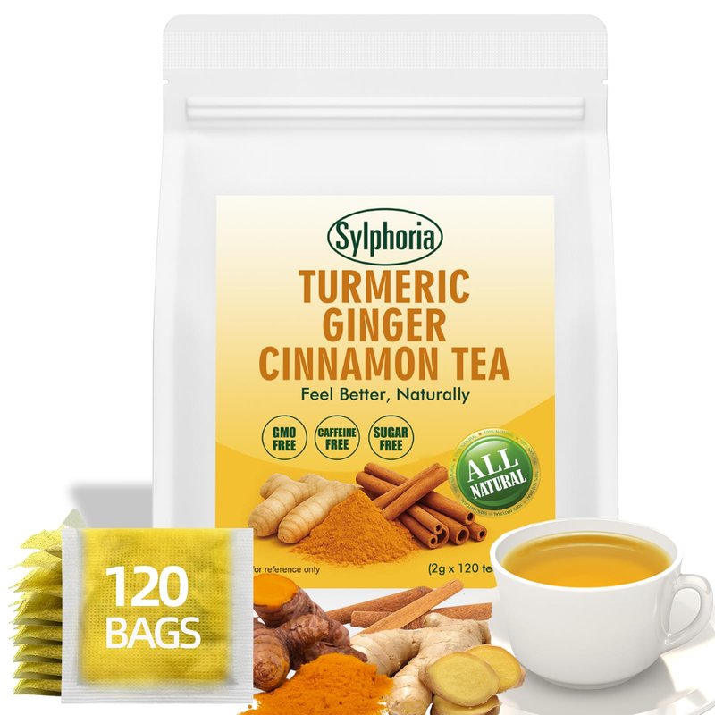 120 Bags Premium Turmeric Ginger Cinnamon Tea Bags, Premium Natural Ingredients, Turmeric Ginger Herbal Blend with Cinnamon, No Sugar, Caffeine-Free，Turmeric Ginger Cinnamon Tea（1Pack/120Bags）