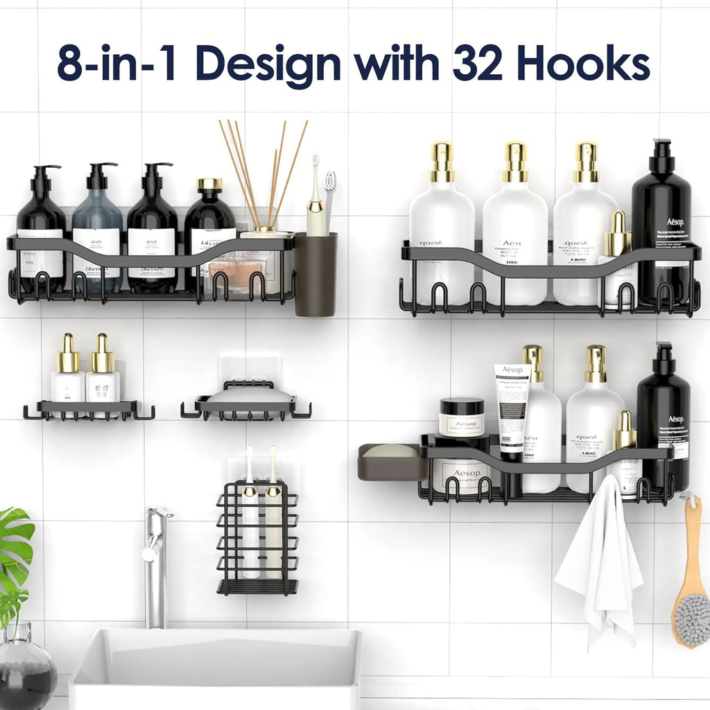 NESOMI Shower Caddy - Rustproof Stainless Steel Organizer with Soap Dish & Hooks | 8-Pack, No-Drill Storage