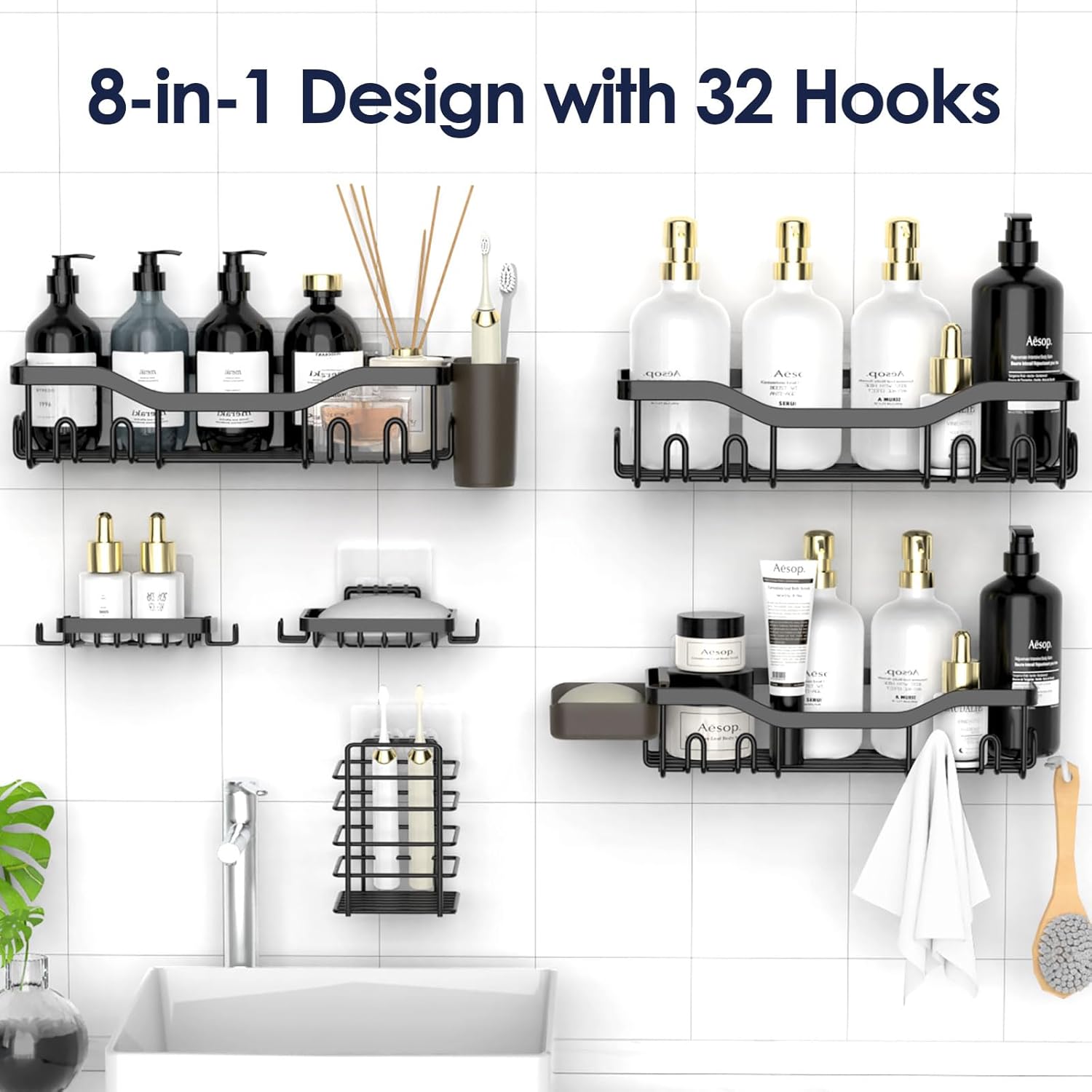 NESOMI Shower Caddy - Rustproof Stainless Steel Organizer with Soap Dish & Hooks | 8-Pack, No-Drill Storage